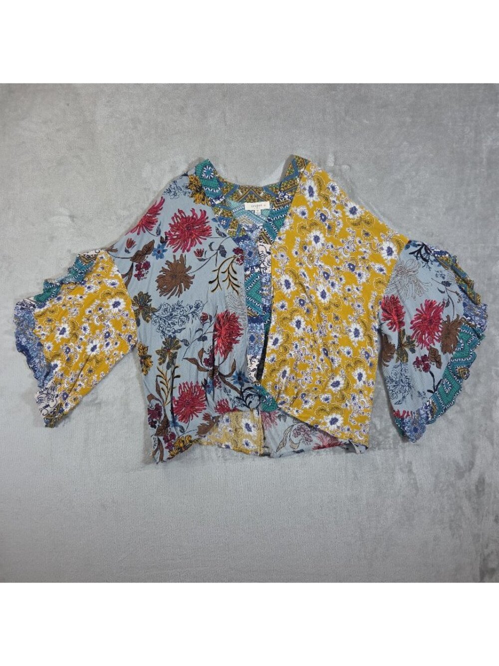 Umgee Patchwork Floral Paisley  Boho Top Blouse XL Hippie V Neck Faux Wrap